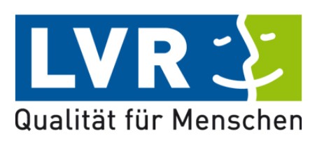 LVR-Logo auf blauem und gr&uuml;nem Hintergrund, Claim &quot;Qualit&auml;t f&uuml;r Menschen&quot;