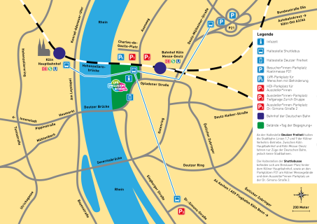 Plan von Deutz und Umgebung mit Parkm&ouml;glichkeiten und Anfahrtswegen.